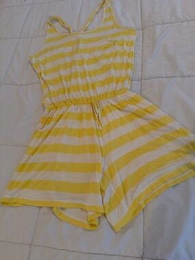 Yellow & White Striped Sleeveless Romper with Drawstring Waist